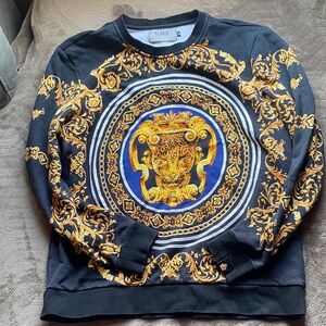 GMF Black Crewneck Sweater with Ornate Gold Medallion Print
